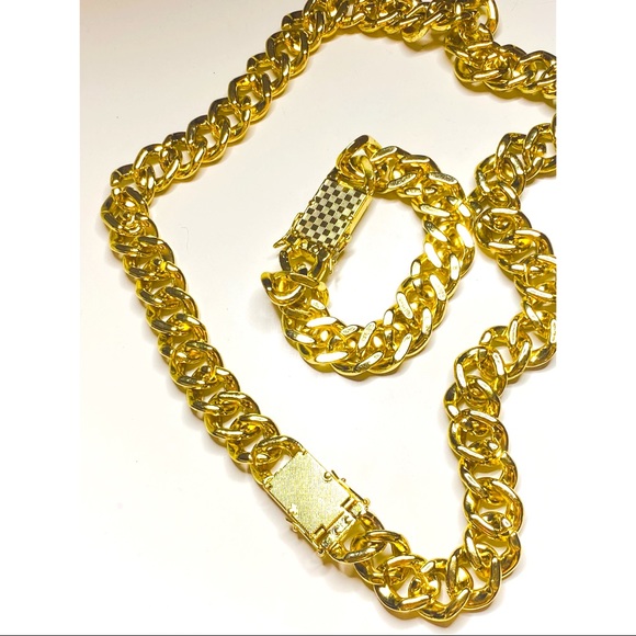 18K Men Cuban Gold Plated Diamond Chain Set Bracelet it will not turn will last - Picture 4 of 7